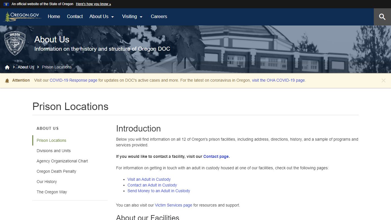 Department of Corrections : Prison Locations : About Us - Oregon